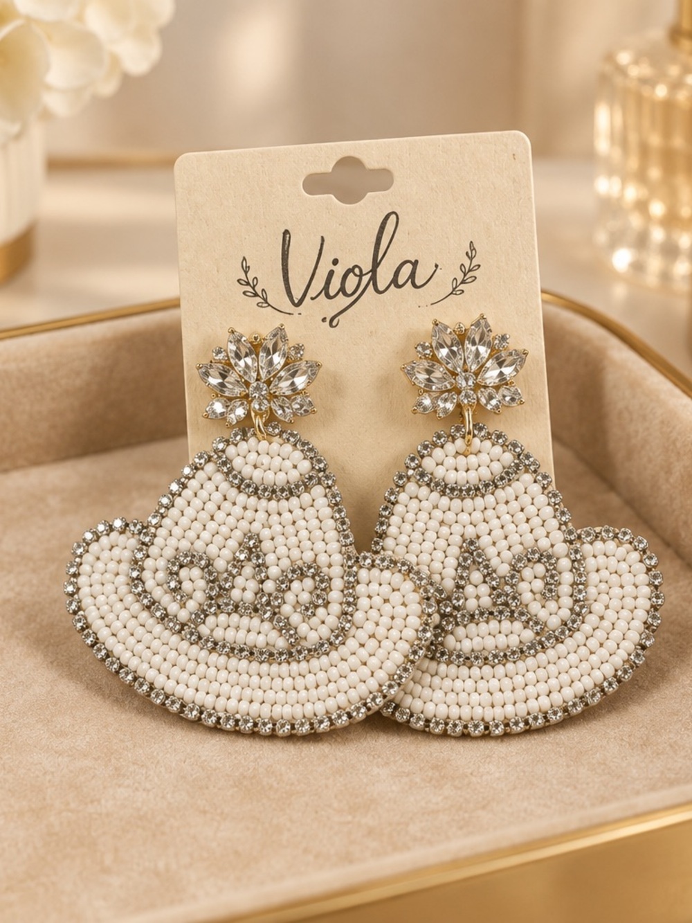Viola NWT Beaded Cowboy Hat Statement Earrings | White Western Cowgirl Studs
